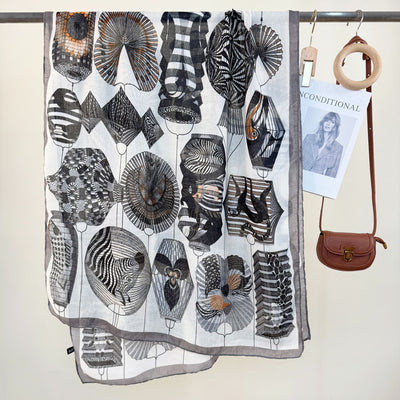 2-Piece Gray Border Retro Lantern Print Scarf - Fashionable Niche Design for Women