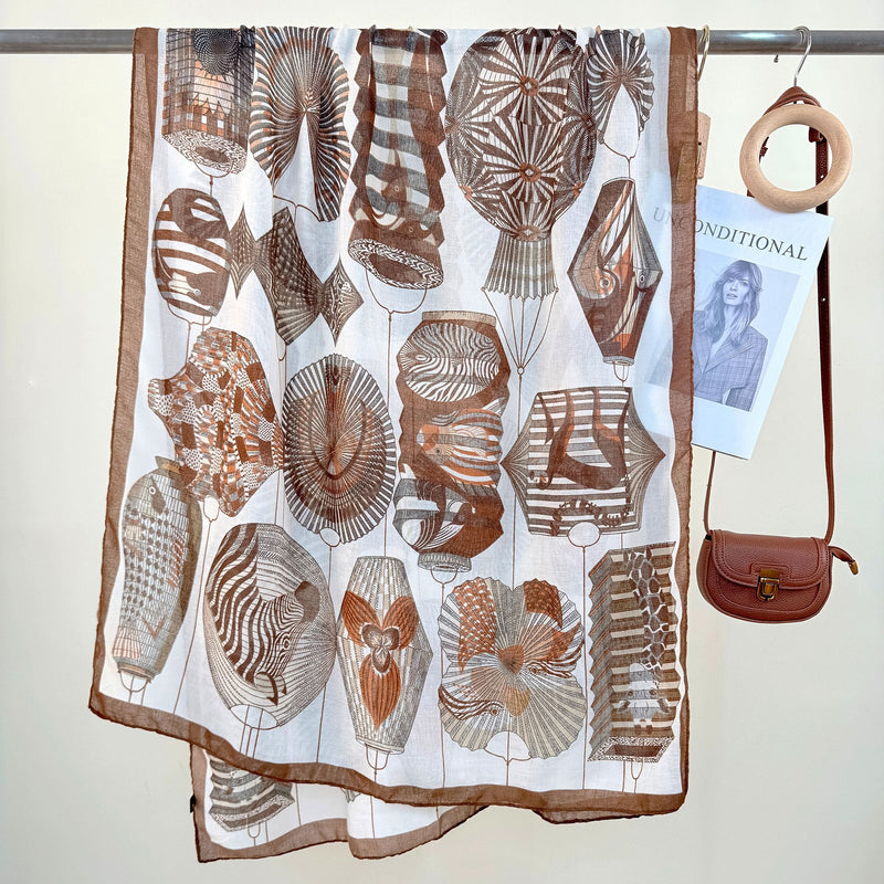 2-Piece Brown Border Retro Lantern Print Scarf - Fashionable Niche Design for Women