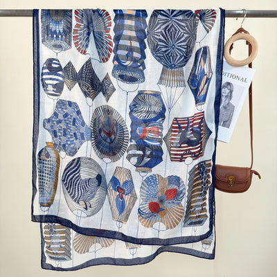 2-Piece Blue Border Retro Lantern Print Scarf - Fashionable Niche Design for Women