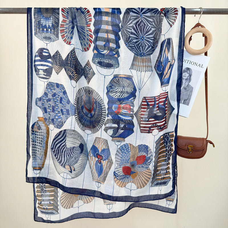2-Piece Blue Border Retro Lantern Print Scarf - Fashionable Niche Design for Women