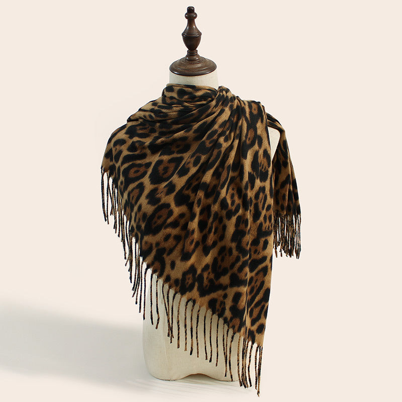 2-Piece Brown Leopard Elegant Faux Cashmere Shawl - Warm and Versatile 200 cm Long European-Style Scarf