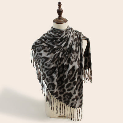 2-Piece Grey Leopard Elegant Faux Cashmere Shawl - Warm and Versatile 200 cm Long European-Style Scarf
