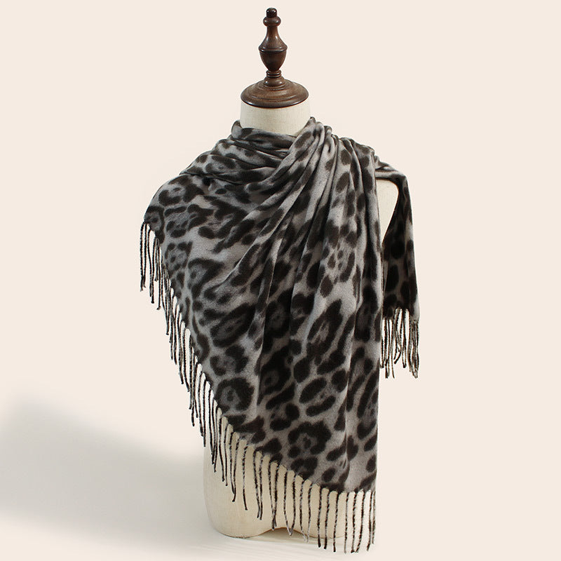 2-Piece Grey Leopard Elegant Faux Cashmere Shawl - Warm and Versatile 200 cm Long European-Style Scarf