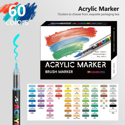60 Colour Set Vibrant Cyan Acrylic Marker with Soft Brush Tip - 13.8 cm Professional Art Pen