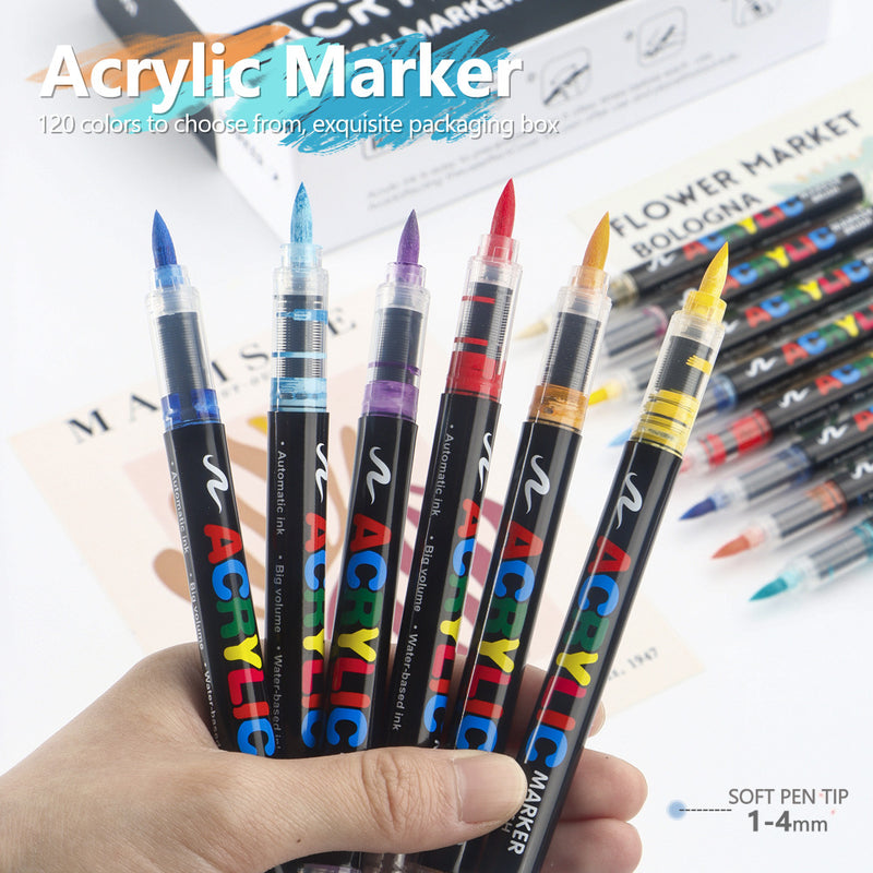 60 Colour Set Vibrant Cyan Acrylic Marker with Soft Brush Tip - 13.8 cm Professional Art Pen