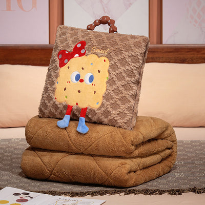 Coffee Thick Fleece Cartoon Cookie Pillow Blanket 2-in-1 for Winter Car and Office Use