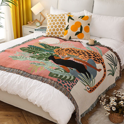 Cheetah Girl INS-Style Illustrated Line Blanket - Multi-Use Design