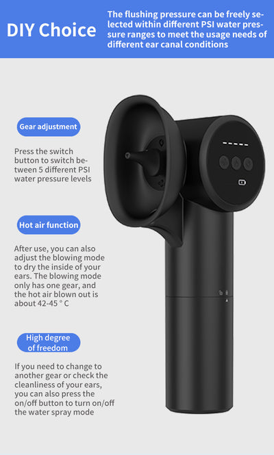 Automatic Electric Ear Wax Removal & Irrigation System - 5 Modes, USB-C, Hot Air Drying(black)