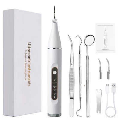 Professional Ultrasonic Dental Scaler & Calculus Remover Kit - 5 Modes, LED Light, IPX7 Waterproof(White + Dental 3-piece set)