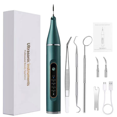 Professional Ultrasonic Dental Scaler & Calculus Remover Kit - 5 Modes, LED Light, IPX7 Waterproof(Dark green + dental 3-piece set)