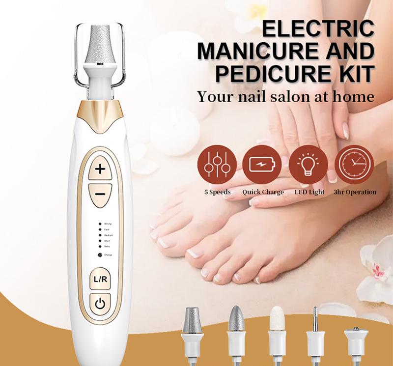 Professional Electric Manicure & Pedicure Kit - 5 Speeds, LED Light(Rose red)