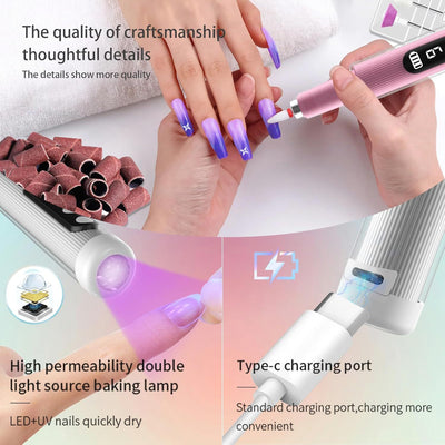 Portable Cordless Electric Nail Drill Kit with UV Lamp - 0-20000RPM, LED Display, 12 Bits(Pink)