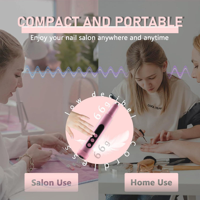 Portable Cordless Electric Nail Drill Kit with UV Lamp - 0-20000RPM, LED Display, 12 Bits(Pink)