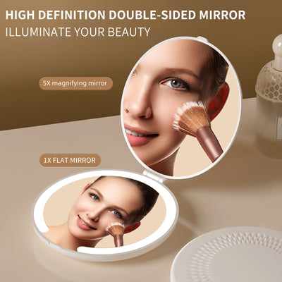 LED Lighted Travel Makeup Mirror - Double-Sided 1X/5X Magnification, USB-C Rechargeable, Induction Light(Khaki)