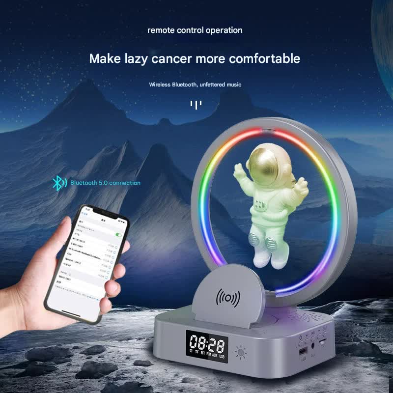 Astronaut Levitating Bluetooth Speaker Lamp - Wireless Charging, RGB Light, Clock, FM Radio & Multi-Input(White silver)