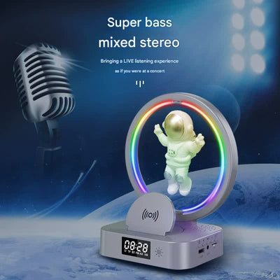 Astronaut Levitating Bluetooth Speaker Lamp - Wireless Charging, RGB Light, Clock, FM Radio & Multi-Input(White silver)
