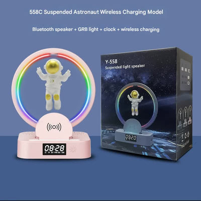 Astronaut Levitating Bluetooth Speaker Lamp - Wireless Charging, RGB Light, Clock, FM Radio & Multi-Input(Pink gold)