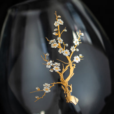 Windproof Glass Candle Cover with Wood Base - For Tealights, Zen Home Accent (Plum blossom candlestick)
