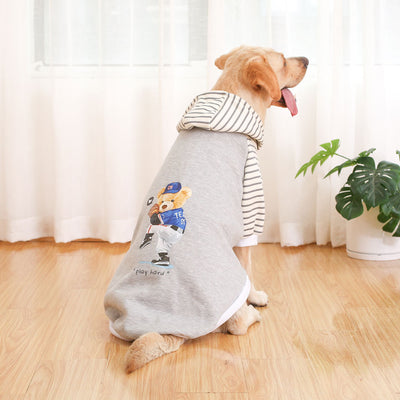 Autumn/Winter Dog Clothes - Grey Hoodie with Striped Hood & Baseball Bear (Size - S)