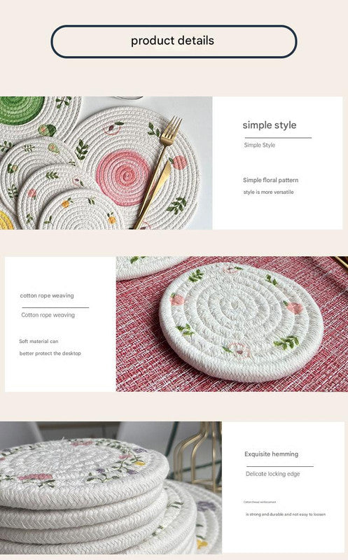 (Flowers) Cotton Rope Woven Placemats - Set of 5, 11cm Diameter Heat Resistant Kitchen Decor