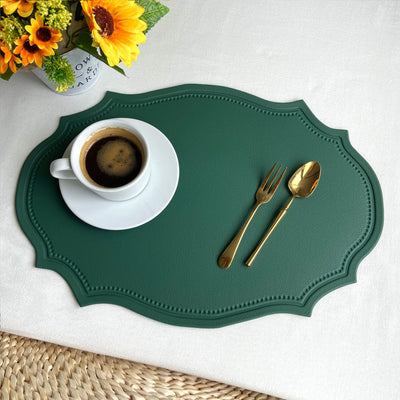 4 pcs Retro Faux Leather Placemat - Waterproof & Oil-Proof Dining Table Mat (Dark green)