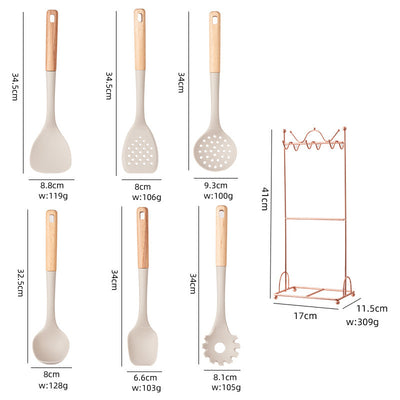 Black Elegant 7-Piece Silicone Kitchen Utensil Set with Wooden Handles & Rose Gold Stand - Non-Stick Cookware Safe