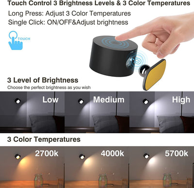 Khaki Wood Grain Rechargeable LED Magnetic Wall Light - Touch Control, 3 Colors & Dimmable, USB Portable Night Lamp for Reading & Cabinets