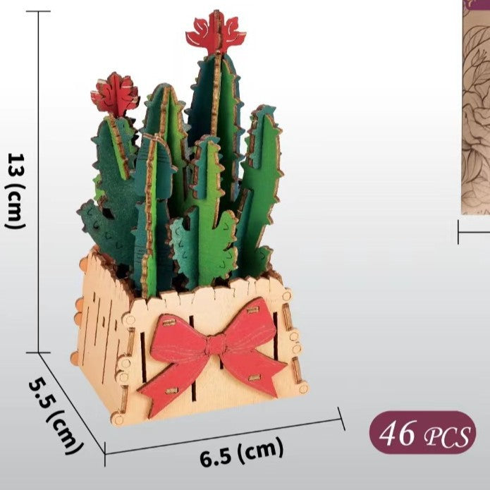 Thousand Flowers DIY 3D Wooden Cactus Puzzle with Red Flowers - 46-Piece Kids&