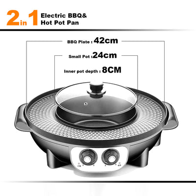 Electric 2 In 1 Non-Stick BBQ Plate Hot Pot Pan For Party Shabu Grill Barbecue 42cm