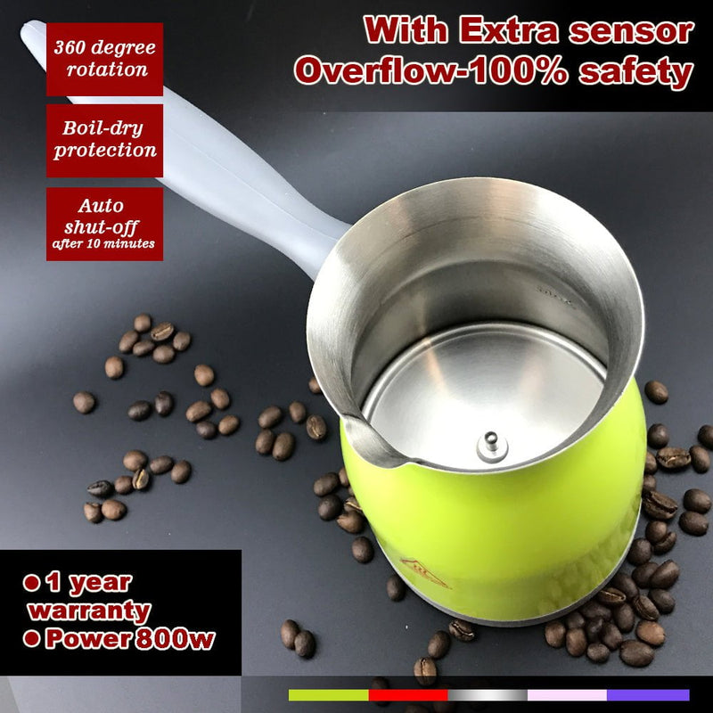 Green Electric Turkish Greek Arabic Coffee Maker Pot Automatic Sensor Anti Overflow