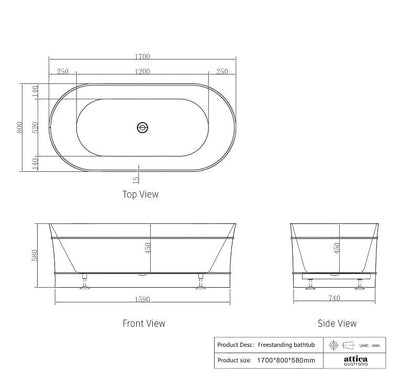 1500/1700*750/800*580mm INS OTTI Bondi Matt/Gloss White Oval Acrylic Freestanding Bathtub