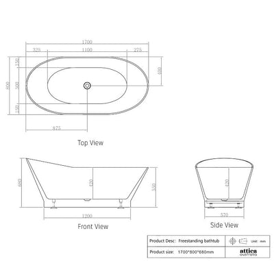 1500/1700*750/800*680mm INS OTTI London Gloss White Special Shape Curved Acrylic Freestanding Bathtub
