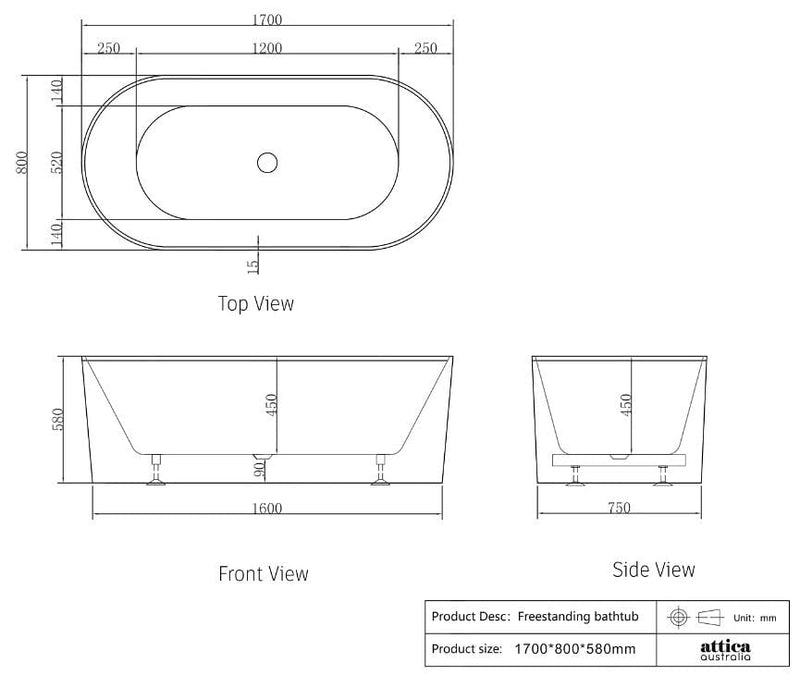 1500/1700*750/800*580mm INS OTTI Noosa Gloss/Matt White Oval Acrylic Freestanding Bathtub