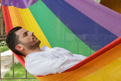 Mayan Legacy Queen Size Cotton Mexican Hammock in Rainbow Colour