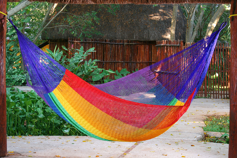 Mayan Legacy Queen Size Cotton Mexican Hammock in Rainbow Colour