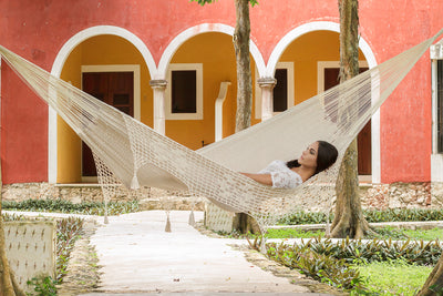 Mayan Legacy Queen Size Deluxe Outdoor Cotton Mexican Hammock in Cream Colour