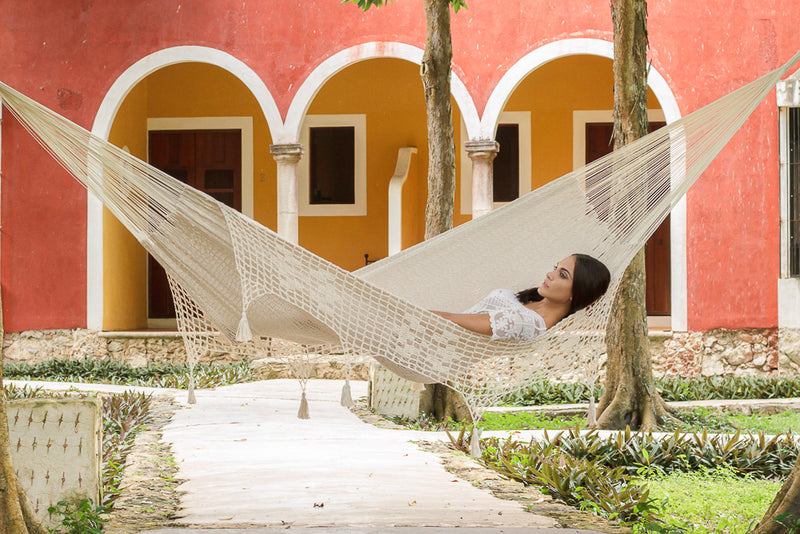 Mayan Legacy Queen Size Deluxe Outdoor Cotton Mexican Hammock in Cream Colour