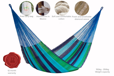 Mayan Legacy King Size Outdoor Cotton Mexican Hammock in Oceanica Colour