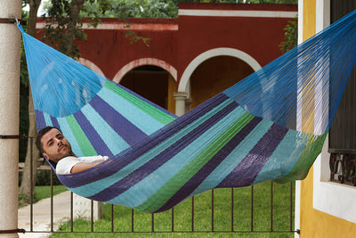 Mayan Legacy King Size Outdoor Cotton Mexican Hammock in Oceanica Colour