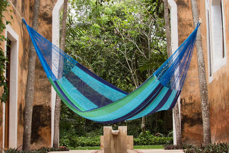 Mayan Legacy King Size Outdoor Cotton Mexican Hammock in Oceanica Colour