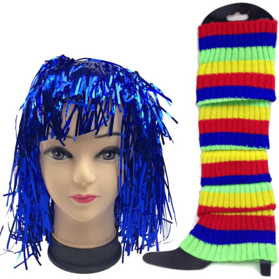 2Pcs Set Tinsel Metallic Wig + Rainbow Leg Warmers 70s Disco Costume Fancy Props