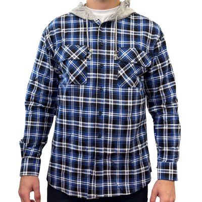 Mens Cotton Flannelette Shirt w Jersey Hood Long Sleeve Flannel - Denim