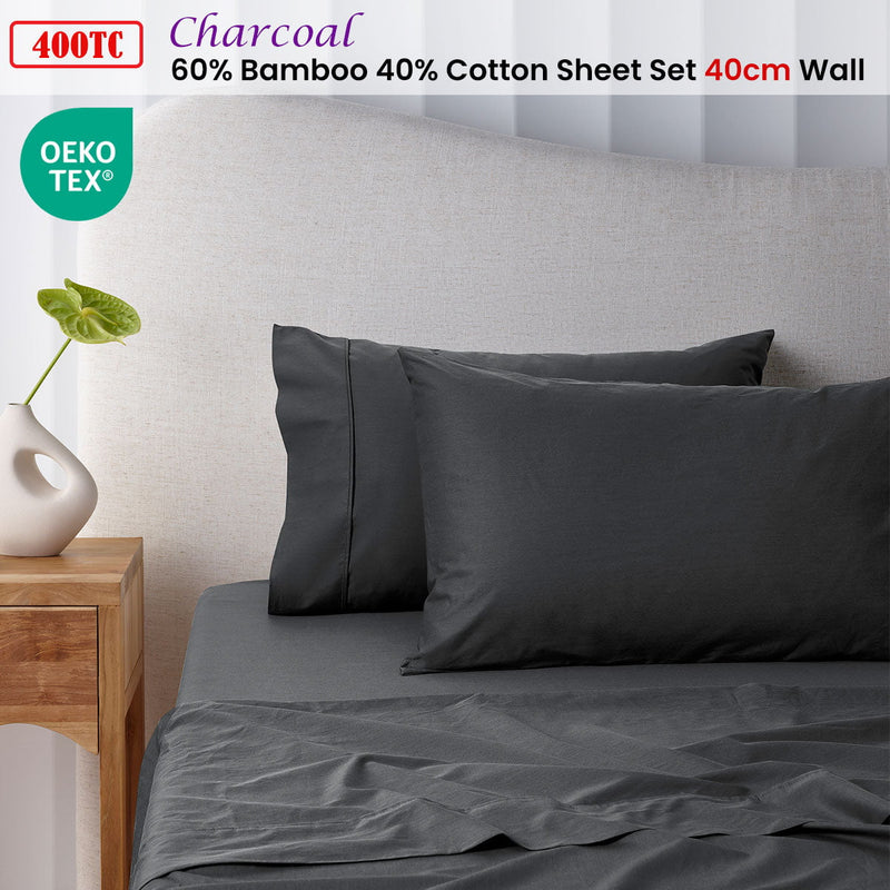 Accessorize 400TC Charcoal Bamboo Cotton Sheet Set 40cm Wall Double Payday Deals