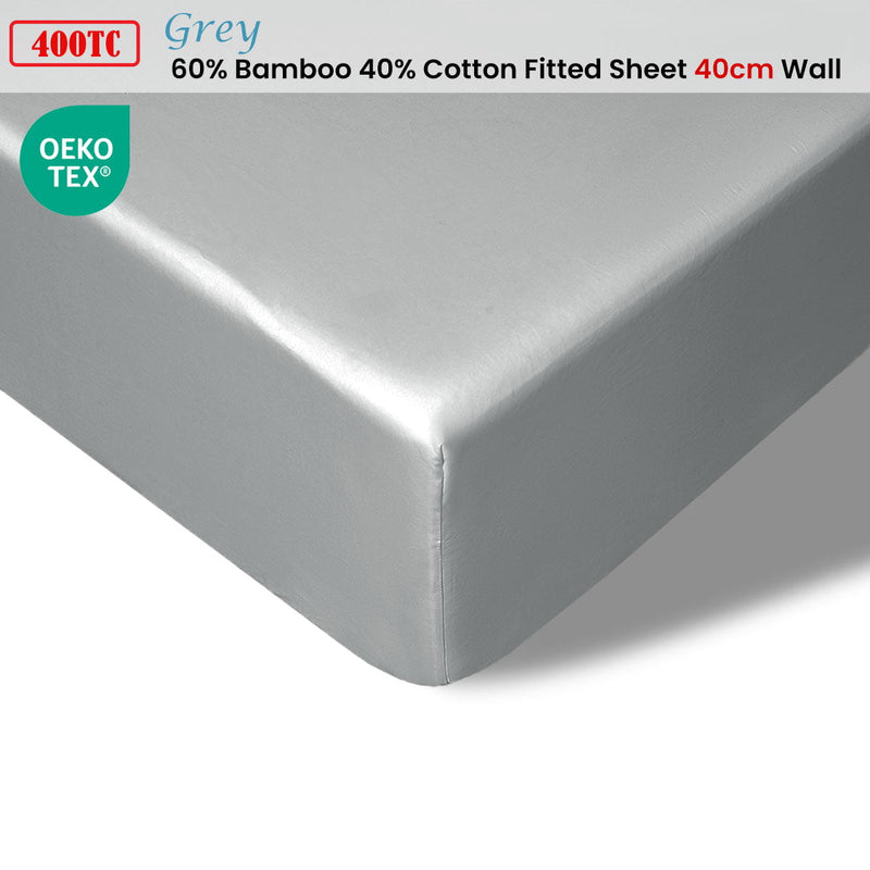 Accessorize 400TC Grey Bamboo Cotton Fitted Sheet 40cm Wall Double Payday Deals