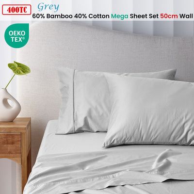 Accessorize 400TC Grey Bamboo Cotton Mega / Super Sheet Set 50cm Wall Super King Payday Deals