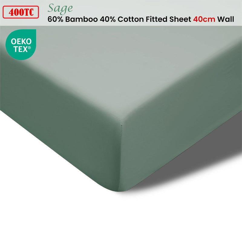 Accessorize 400TC Sage Bamboo Cotton Fitted Sheet 40cm Wall Double Payday Deals