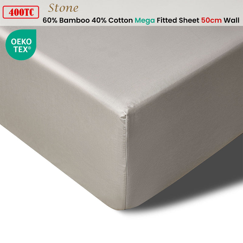 Accessorize 400TC Stone Bamboo Cotton Mega / Super Fitted Sheet 50cm Wall King Payday Deals