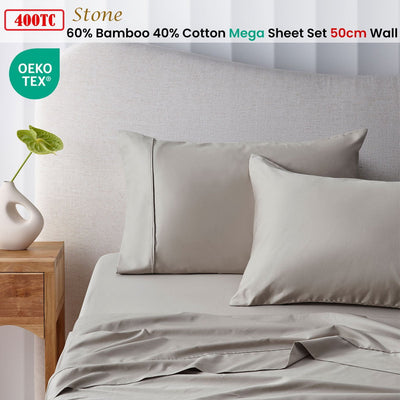 Accessorize 400TC Stone Bamboo Cotton Mega / Super Sheet Set 50cm Wall King Payday Deals