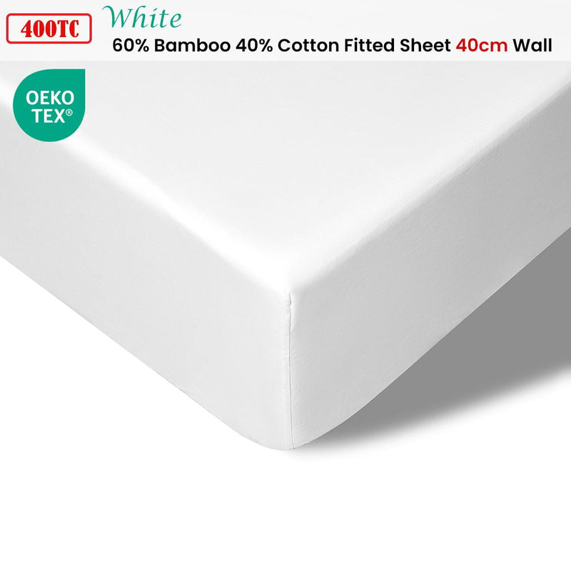 Accessorize 400TC White Bamboo Cotton Fitted Sheet 40cm Wall King Single Payday Deals