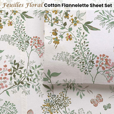 Accessorize Cotton Flannelette Sheet Set 40cm Wall Feuilles Floral Print Queen Payday Deals